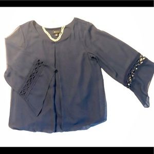 AB Studio ® Navy Blouson Shirt with Crochet Butterfly Sleeves